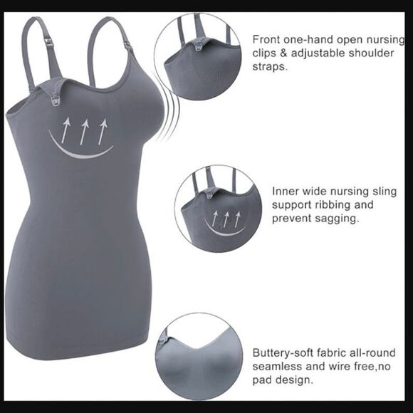 Maternity Seamless Nursing Camisole Tank Top Gray Built-in Bra Comfortable Stret - Picture 6 of 11